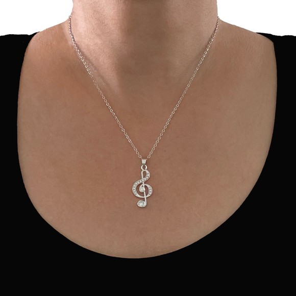 Musical Note Necklace Silver Plated Rhinestone Treble Clef Pendant & Cable Chain - Picture 6 of 7